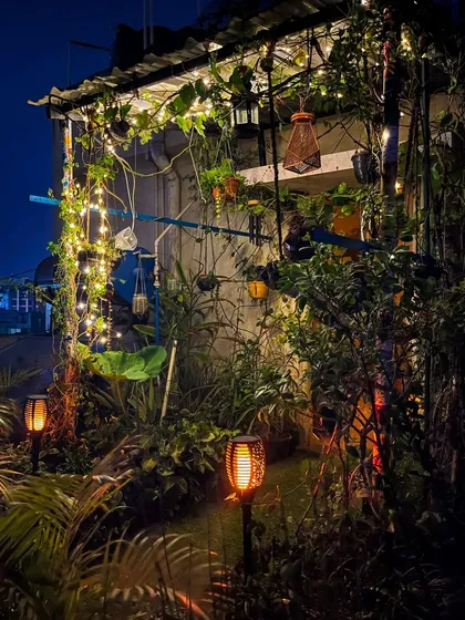 The garden's personality changes after sunset. I love using sustainable garden solutions like these solar-powered torch lights to add a warm, flickering ambiance that makes the evenings feel truly special.