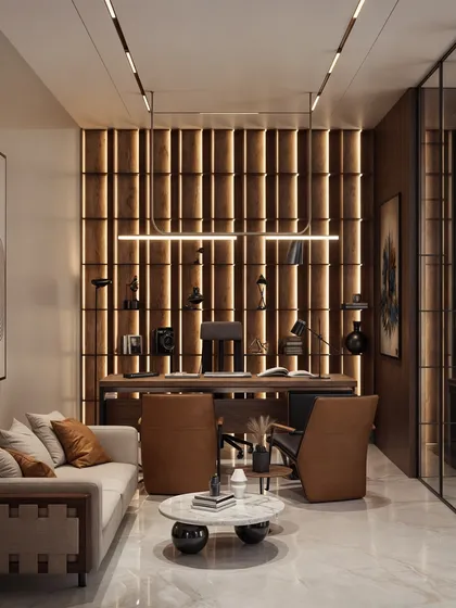 A CEO's cabin featuring a dramatic, backlit wood-slat wall that serves as both a feature and a bookshelf.
