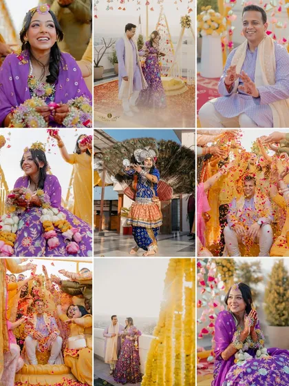 A collage capturing the essence of Arushi and Samagra's haldi in the Dehradun hills. It shows the flower showers, the Radha Krishna performance, and the beautiful decor, telling the full story of the event.