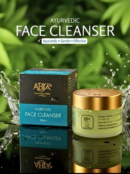 My Ayurvedic Face Cleanser is gentle and effective, shown here with its elegant packaging against a backdrop of splashing water to signify its purity.