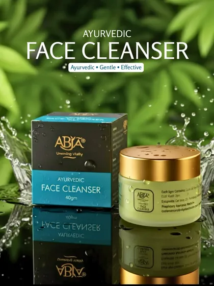 My Ayurvedic Face Cleanser is gentle and effective, shown here with its elegant packaging against a backdrop of splashing water to signify its purity.