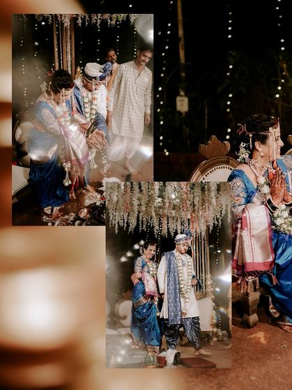 A glimpse into an evening wedding ceremony. The string lights and warm ambiance create a magical setting for the couple's rituals, showing my ability to work with different lighting conditions.