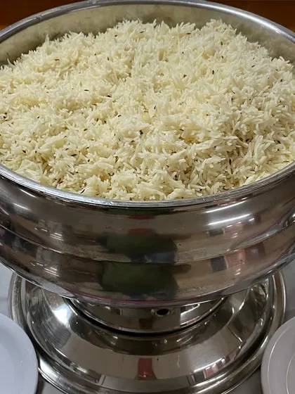A large bowl of Jeera Rice, part of the lunch we proudly served to the firefighters.