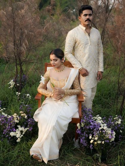 The full look for the traditional couple shoot, showcasing our expertise in creating complementary styles for both the bride and groom.