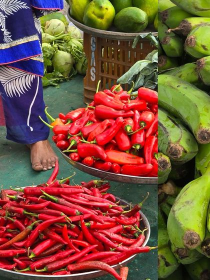 A saturated Saturday color palette from the vegetable market, featuring red chillies and green bananas.