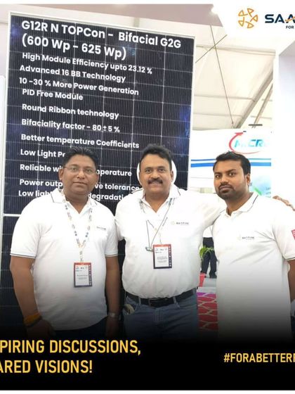 Our team at the UPEX 2025 expo, standing proudly in front of our high-efficiency Bifacial G2G module display.