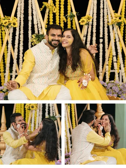 A fun-filled collage from the Haldi ceremony. From the couple's portrait to the playful smearing of turmeric, these shots capture the joyous chaos of the event.
