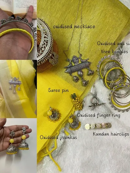 I love creating complete, colour-coordinated sets for occasions like Haldi. This yellow-themed collection includes everything from an oxidised necklace and jhumkas to matching silk thread bangles and even a saree pin.