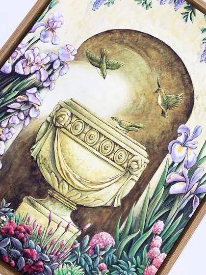 A detailed close-up of the "Garden Alcove I" artwork by Elizabeth Wright. This shot highlights the texture of the print and the way the veneer wooden frame's color complements the warm, earthy tones within the painting.