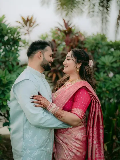 An intimate and romantic photo of the couple, with the bride's soft makeup looking flawless.