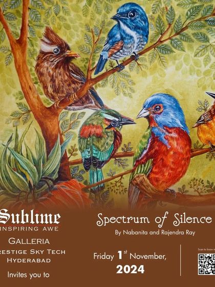 The invitation for 'Spectrum of Silence' by Nabanita and Rajendra Ray, a show featuring colorful paintings of birds.