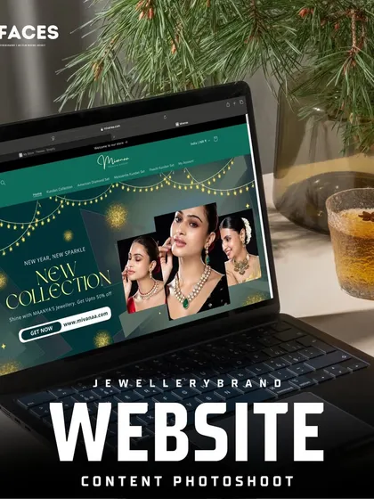 A festive "New Collection" banner for a jewellery brand displayed on a laptop. We create compelling marketing graphics and banners using the photos and videos from our shoots.