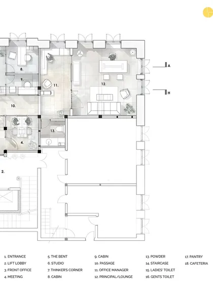 The detailed layout plan for The Loft. This architectural drawing shows the careful zoning of the space, including the studio, meeting rooms, cabins, pantry, and the central 'Thinker's Corner' where our team gathers.