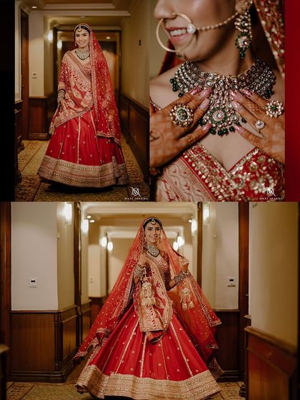 A collage of a bride getting ready, showing her full outfit and close-ups of her stunning green and polki jewelry. It captures the anticipation and beauty of these pre-ceremony moments.