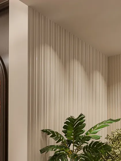 A detail of the fluted wall texture next to the bar area. I use texture to add depth and a sensorial quality to my designs, creating a symphony of elegance.