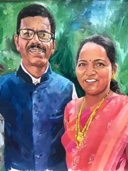 A classic oil portrait of a couple, perfect for an anniversary gift. The detail in their traditional attire and the soft green background create a timeless look.