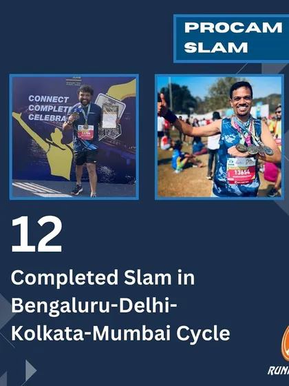 The Procam Slam is a huge achievement, requiring runners to complete the full marathon cycle in Bengaluru, Delhi, Kolkata, and Mumbai. I'm proud of the 12 runners from our group who completed this challenge.
