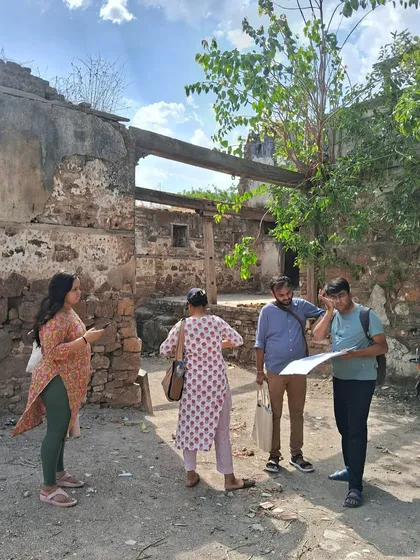 On-site discussion during the revitalization of the 18th Century Darbargarh at Sihor, Gujarat. Our work often begins with detailed site analysis and mapping to understand the historical and structural context of a place.