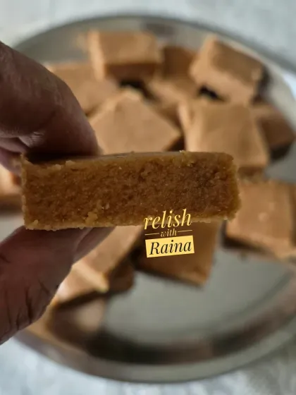 Showing the perfect thickness and texture of a piece of Sukhdi. It's a wholesome sweet that can be enjoyed all year round.