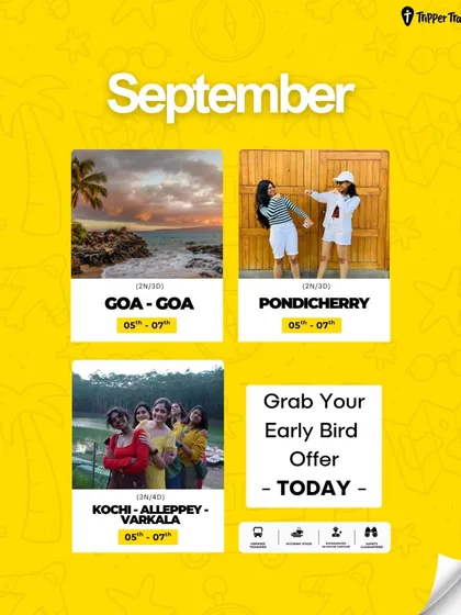 September plans sorted. Join my all-girls trips to Goa, Pondicherry, or Kerala. This graphic shows you the dates and the vibe: pure fun, sun, and sisterhood.