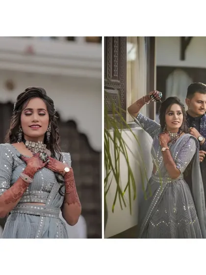 A diptych showing the bride's joyful expression and a playful, candid moment with her partner. This captures the fun and happiness of the engagement shoot.