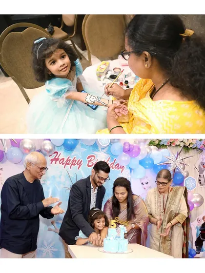 This collage captures two heartwarming scenes from Siddhi's 5th birthday: a quiet moment getting her face painted and the big family gathering for the cake-cutting. I balance capturing both the small details and the main events.