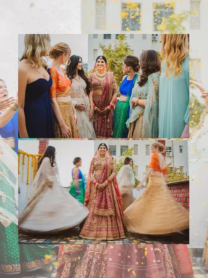 A creative collage showing the bride and her bridesmaids in motion, twirling and celebrating.