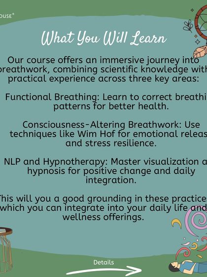 Ready to transform your mind and breath? This graphic details what you will learn in our NLP and Transformative Breathwork Intensive, from functional breathing to hypnotherapy and visualization.