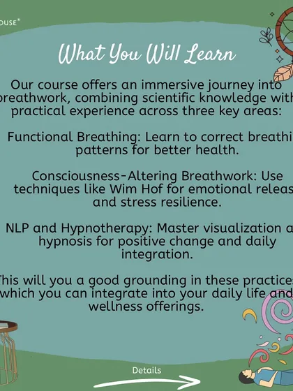 Ready to transform your mind and breath? This graphic details what you will learn in our NLP and Transformative Breathwork Intensive, from functional breathing to hypnotherapy and visualization.
