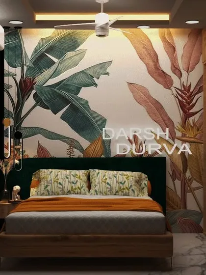 A bedroom concept with a vibrant, tropical wallpaper and wooden furniture.
