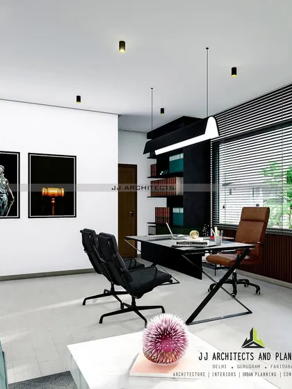 A different perspective of the modern home office concept, showing the clean lines, minimalist furniture, and the balance between the workspace and a small, informal seating area.
