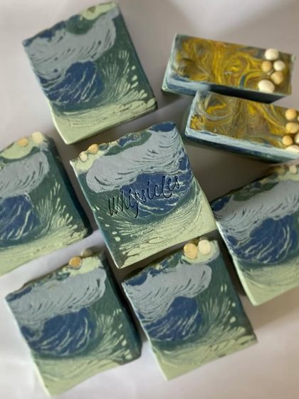 Our Mistletoe Cold Process Soap is a Christmas dream. Made with nourishing Hemp Seed oil and Sal Butter, its cool blue and green hues and fresh juniper berry scent evoke a serene winter wonderland.