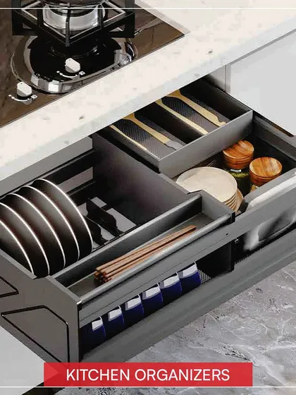 My kitchen organizers are designed for maximum efficiency. This drawer combines plate holders and custom compartments to make the most of your space.