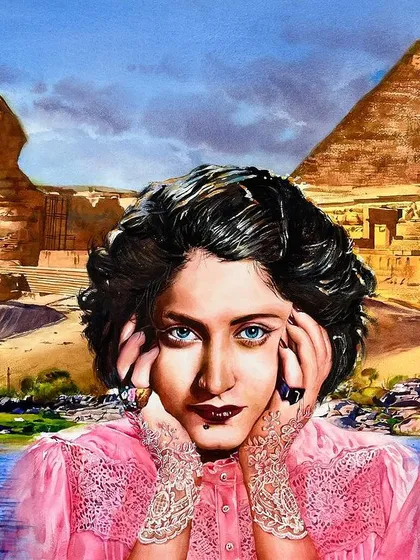 This large 30x22 inch watercolor was a fascinating commission to paint the Syrian singer Asmahan. I researched her life to capture her essence, placing her against an iconic Egyptian landscape as requested by the client.