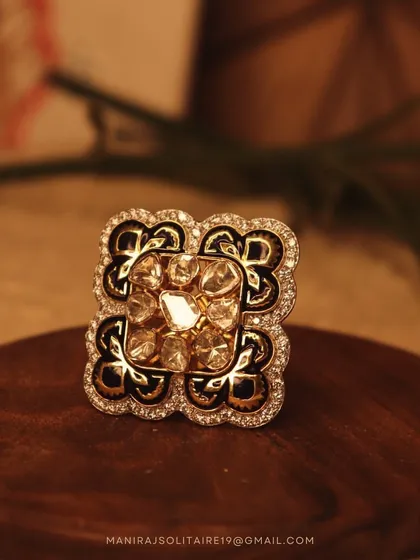 A closer look at the craftsmanship that goes into our pieces. This is one of my favourite versatile designs, featuring uncut polki diamonds set with intricate enamel work. It can be worn as a ring or a pendant.