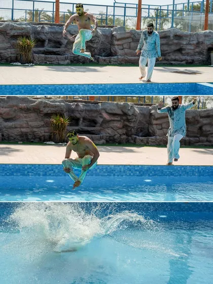 The Haldi celebrations end with a splash! This sequence captures the groom's spontaneous jump into the pool, a moment of pure fun and release. We are always ready to capture the unexpected.