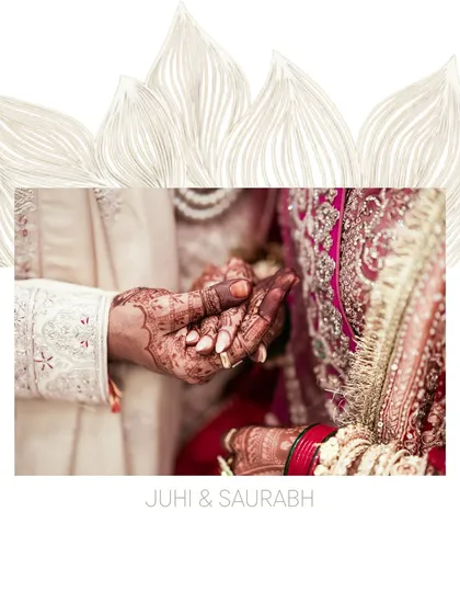 A close-up of Juhi and Saurabh holding hands, a simple yet profound gesture of their union. We focus on these small details that hold great meaning.