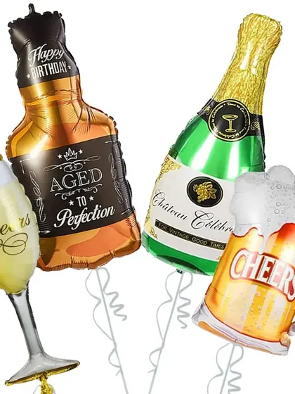 Humare paas har tarah ke unique foil balloons milte hain. Yeh whiskey bottle, champagne bottle, aur beer mug shape ke balloons adult birthday parties ke liye perfect hain.