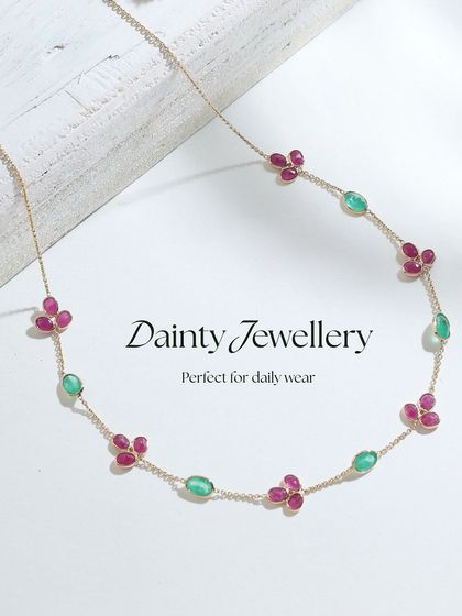 A beautiful product shot of the ruby and emerald necklace, perfect for daily wear.