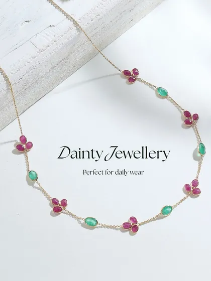 A beautiful product shot of the ruby and emerald necklace, perfect for daily wear.