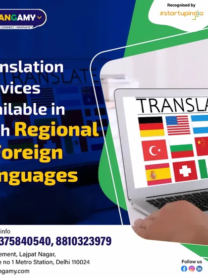 This graphic clearly communicates our dual expertise in both regional Indian and foreign languages. The image of a laptop displaying multiple country flags represents our capacity to handle diverse linguistic requirements for any project.