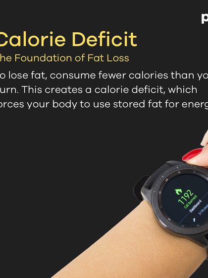 A clear, concise carousel outlining the top five requirements for fat loss. The list includes creating a calorie deficit, incorporating strength training, increasing daily movement, prioritizing protein intake, and being patient.