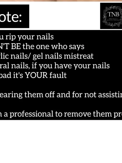 An important note for clients: please do not rip off your extensions. Always have them removed professionally to keep your natural nails healthy.