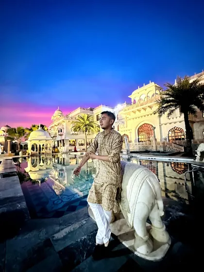 As a destination wedding DJ, I get to play at some breathtaking locations like this palace in Jaipur. The stunning sunset backdrop adds a magical touch to the celebration, and I match that vibe with the perfect music.