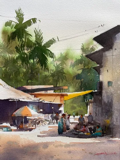A bustling village market scene painted in watercolor. I used loose brushstrokes to suggest the crowd of people and the various stalls under the shade of the buildings and palm trees.