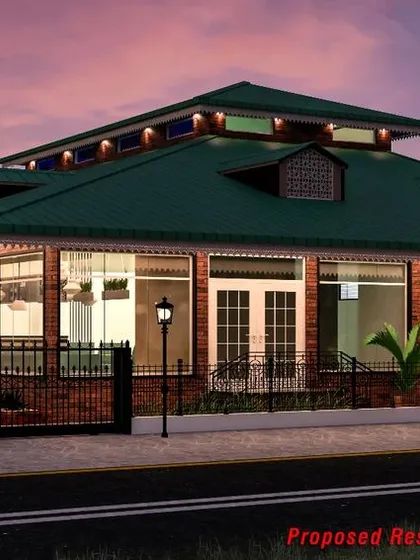 A 3D twilight view of a proposed restaurant design in Panathur, Bangalore. This concept showcases a classic architectural style with a pitched roof, dormer windows, and warm exterior lighting, designed to create an inviting and memorable dining atmosphere.