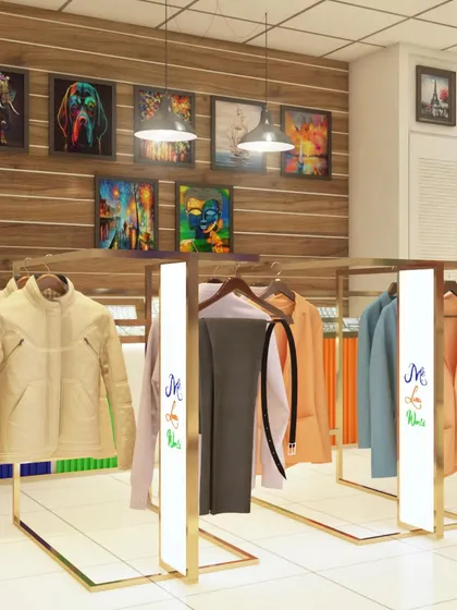 For this boutique in the British Virgin Islands, I designed custom clothing racks with integrated branding and lighting. The layout is planned for easy customer flow, with a feature wall of wood paneling and art to create a warm, modern atmosphere.