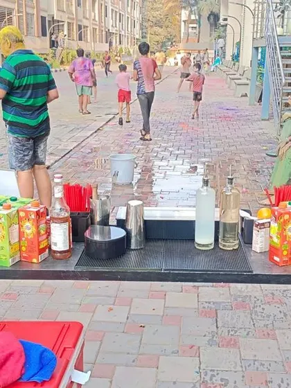 Bringing the party to a society Holi celebration. Our outdoor pop-up bar is fully stocked with juices, sodas, and everything needed to keep the drinks flowing.
