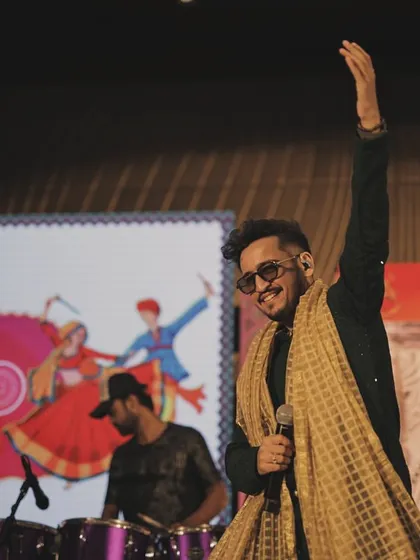 Another shot from the magical Garba night in Surat. The stage setup with the 'Shubh Avsar' branding shows the professional quality of the events I am a part of.