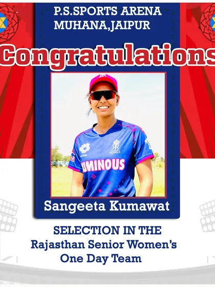 A proud moment for the entire academy. Congratulations to our student Sangeeta Kumawat on her selection in the Rajasthan Senior Women's One Day Team. This is a result of her relentless hard work and the structured training she received here.